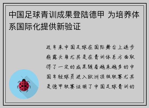 中国足球青训成果登陆德甲 为培养体系国际化提供新验证